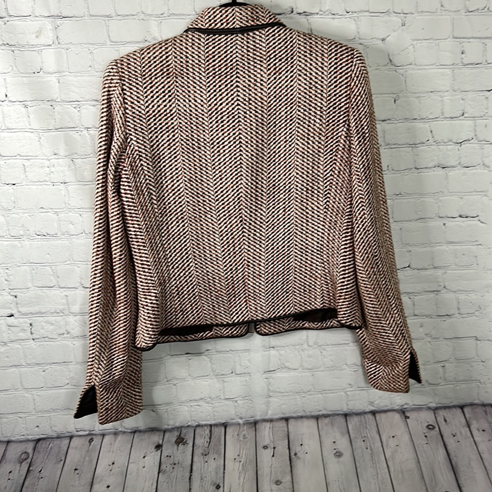 Doncaster tweed brown and orange silk blend blazer with leather trim Sz 4 - Picture 2 of 8